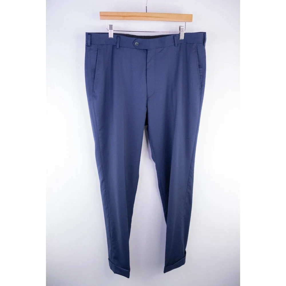 Coppley 2-Pcs Solid Navy Blue Suit 100's Wool Blazer Jacket Sz 46R Pants 38X31.5